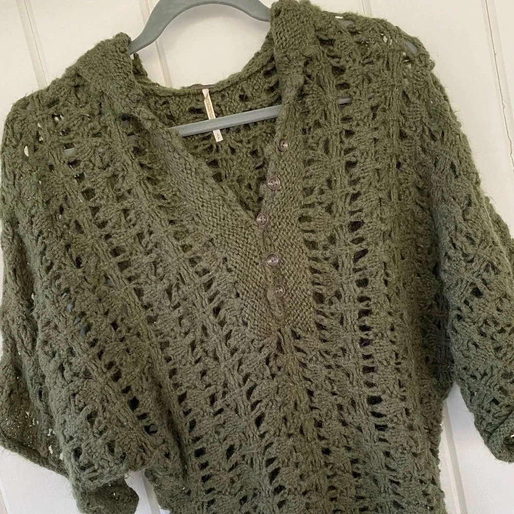 Free People, Hooded Open Knit Short Sleeve‎ Sweater Top, Olive, Army Green